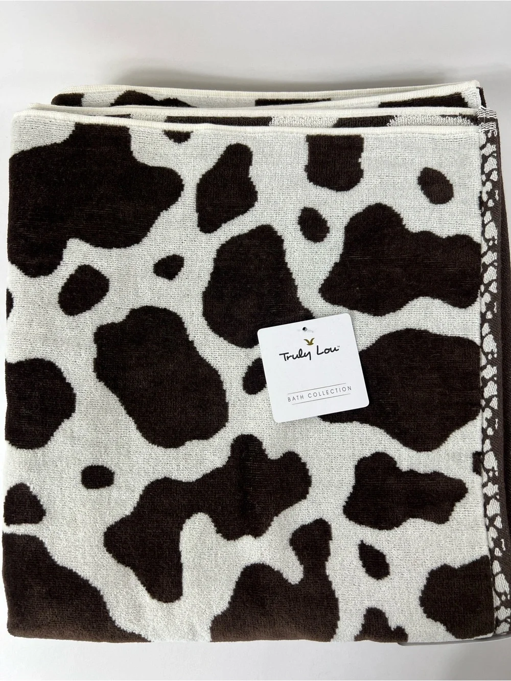 Truly Lou Bath Towel Set Cow Print Brown & Cream Soft Cotton Velour 2 Pc NEW
